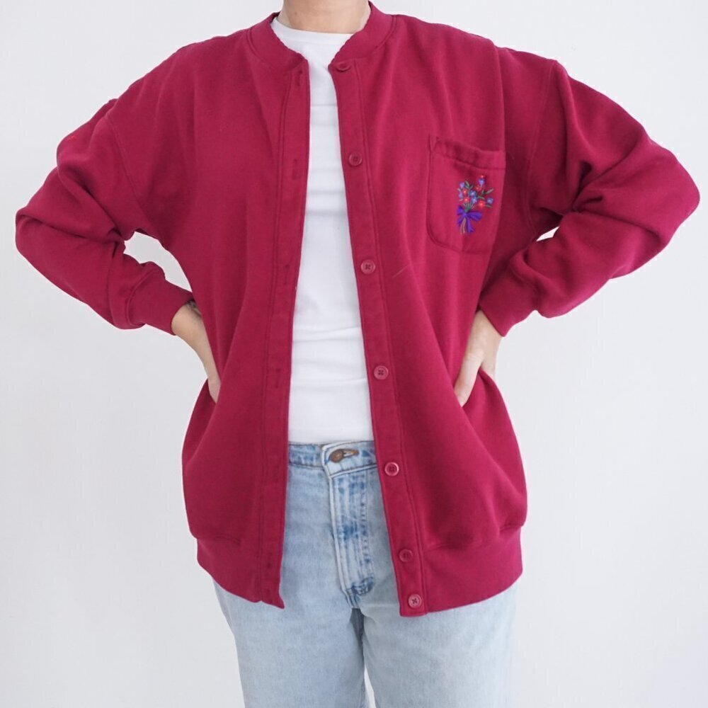 Baxter & Wells Sport Red 35% Cotton w Embroider Floral Pocket Button Cardigan L